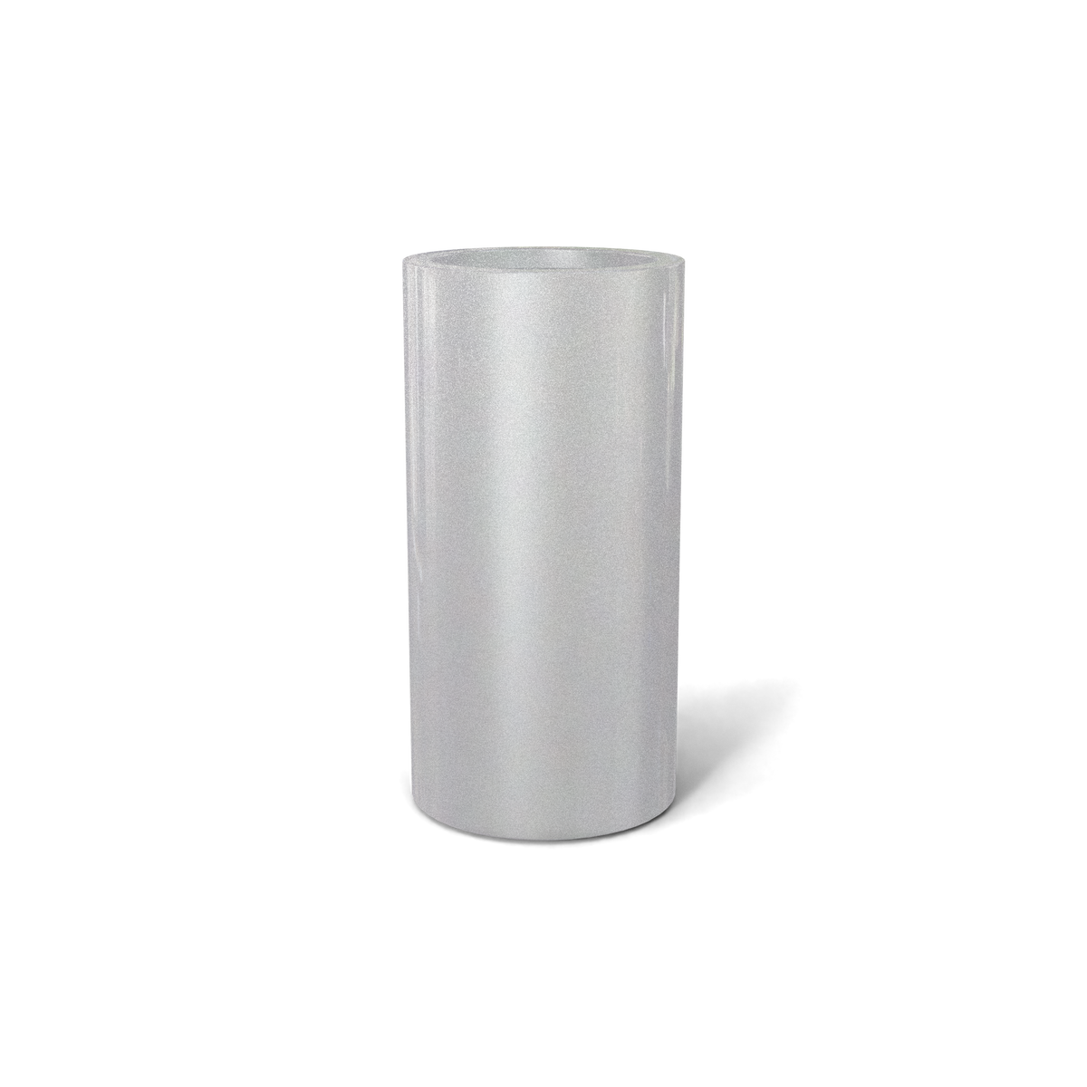 Corry cylinder fiberglass planter in Metallic Silver, 10 × 20 in, studio render