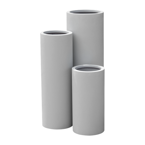 Corry cylinder fiberglass planter shown in all sizes side by side in a studio render for comparing sizes: D 10 in × 20 in, D 10 in × 30 in, D 12 in × 36 in
