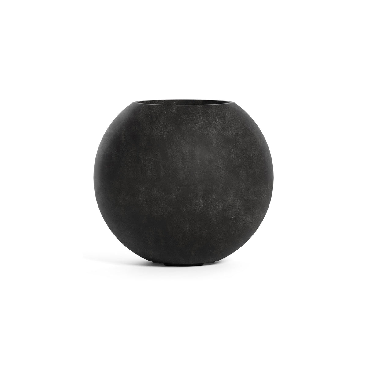 Orbo Sphere fiberglass planter in Carbon Stone, 29.5 in Ø x 26.2 in H