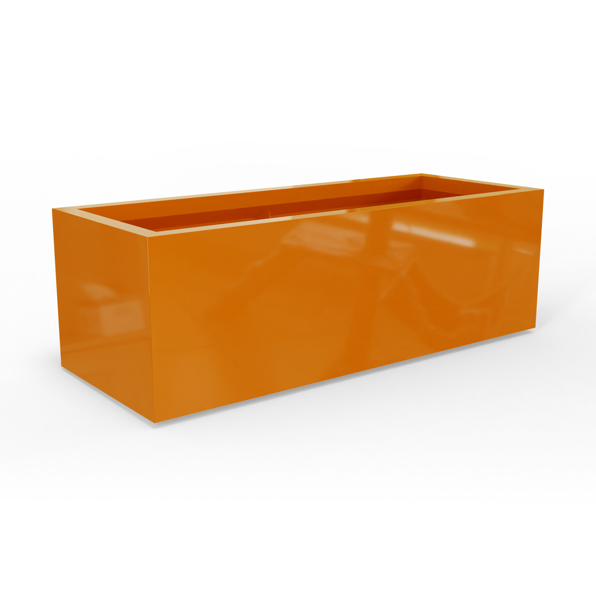 Cuba low rectangular fiberglass planter in Gloss Tangerine, studio render