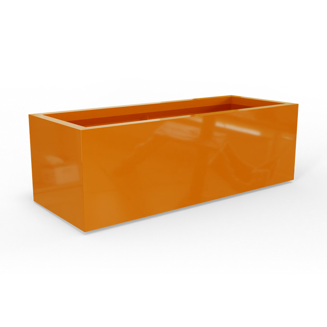 Cuba low rectangular fiberglass planter in Gloss Tangerine, studio render