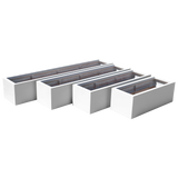 Cuba low rectangular fiberglass planter shown in all sizes side by side in a studio render for comparing sizes: 36 × 14 × 12 in, 48 × 14 × 12 in, 60 × 14 × 12 in, 72 × 14 × 12 in
