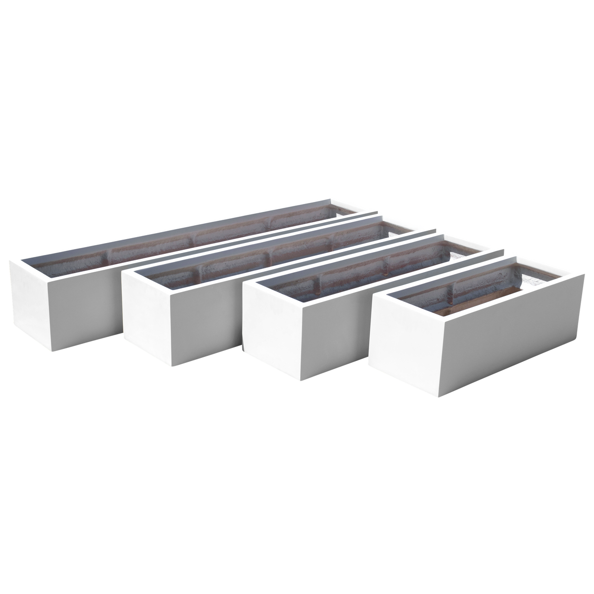 Cuba low rectangular fiberglass planter shown in all sizes side by side in a studio render for comparing sizes: 36 × 14 × 12 in, 48 × 14 × 12 in, 60 × 14 × 12 in, 72 × 14 × 12 in