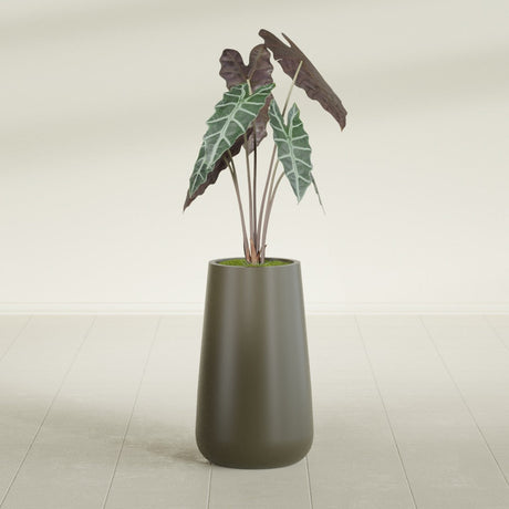 Saigon Tapered Round fiberglass planter in Matte Bronze, shown planted, in a sunlit interior