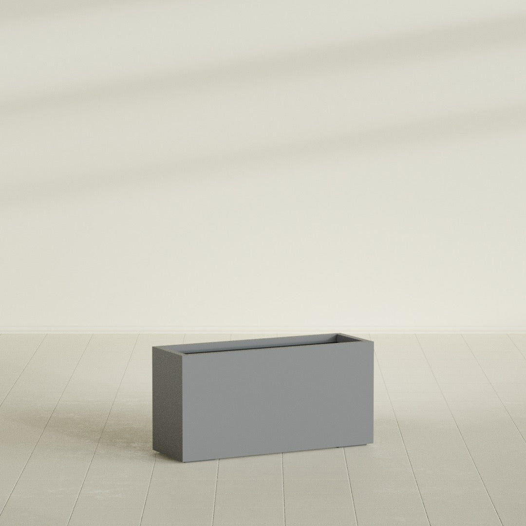Hollywood Narrow Rectangular Planter in Matte Gunmetal, 36"L × 12"D × 24"H, shown empty