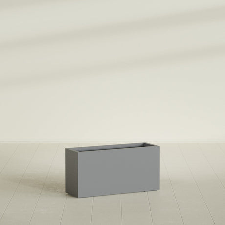 Hollywood Narrow Rectangular Planter in Matte Gunmetal, 36"L × 12"D × 24"H, shown empty