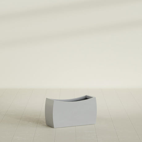 Seoul Curved Planter in Metallic Silver, 32"L × 12"D × 18"H, shown empty