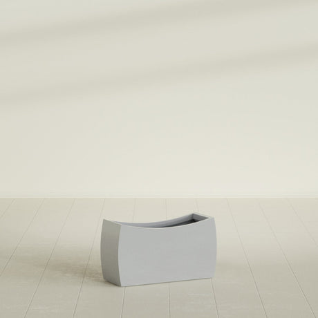 Seoul Curved Planter in Metallic Silver, 32"L × 12"D × 18"H, shown empty