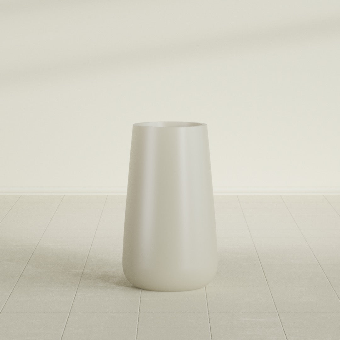 Saigon Tapered Round Planter in Satin Beige, 16"D × 36"H, shown empty