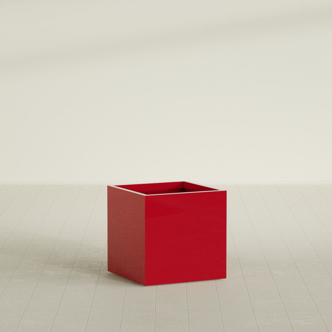 Montroy Cube Planter in Gloss Red, 28", shown empty