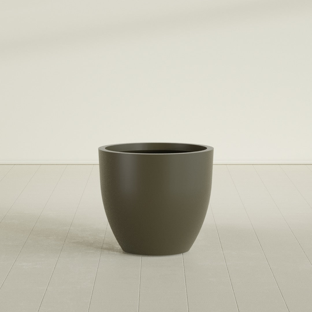 Wannsee Round Planter in Matte Bronze, 33"D × 29"H, shown empty