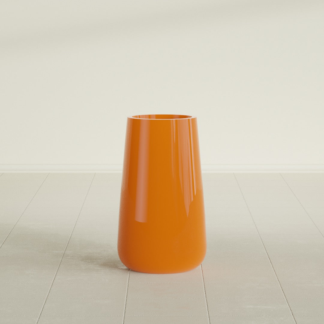 Saigon Tapered Round Planter in Gloss Tangerine, 14"D × 30"H, shown empty