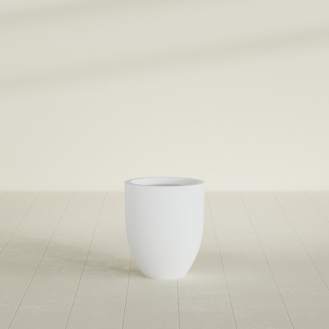 Valencia Tapered Round Planter in Gloss Bright White, 15"D × 18"H, shown empty