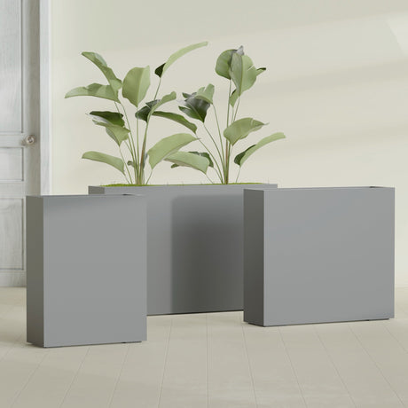 Amesbury Narrow Rectangular fiberglass planter in Matte Gunmetal, size range, in a sunlit interior