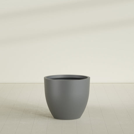 Wannsee Round Planter in Matte Gunmetal, 39"D × 34"H, shown empty