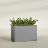 Brisbane Rectangular fiberglass planter in Matte Gunmetal, shown planted, in a sunlit interior