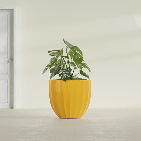 Santa Barbara Fluted Round fiberglass planter in Gloss Saffron, shown planted, in a sunlit interior