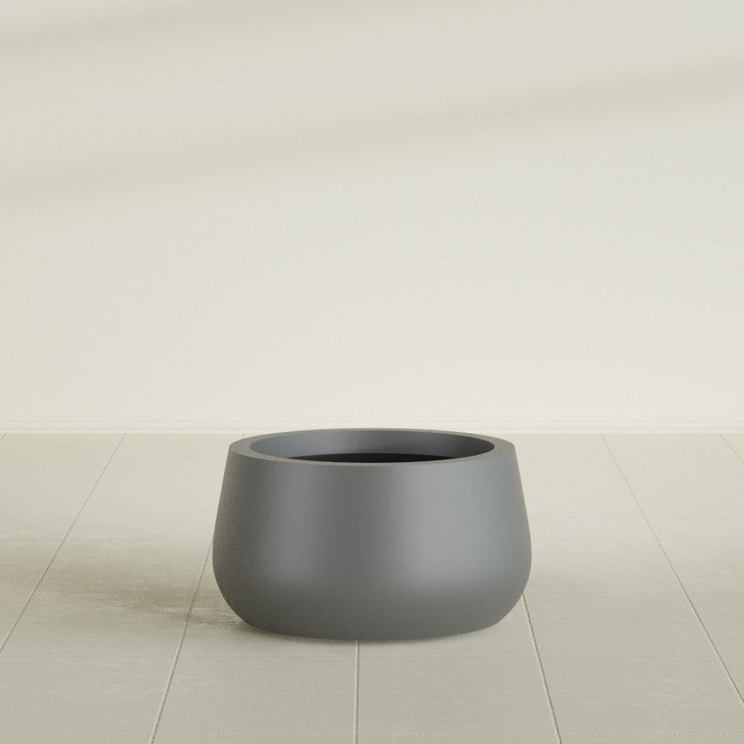 Short Hayden Bowl Planter in Matte Gunmetal, 16"D × 8"H, shown empty