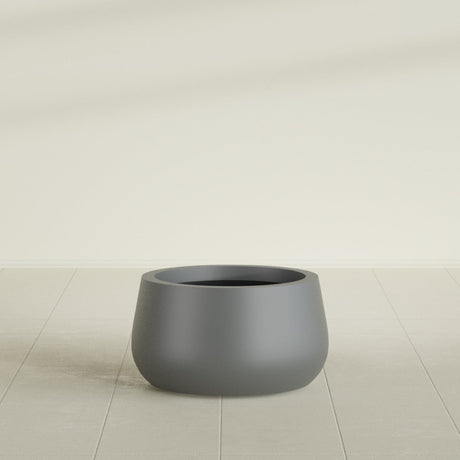 Short Hayden Bowl Planter in Matte Gunmetal, 16"D × 8"H, shown empty