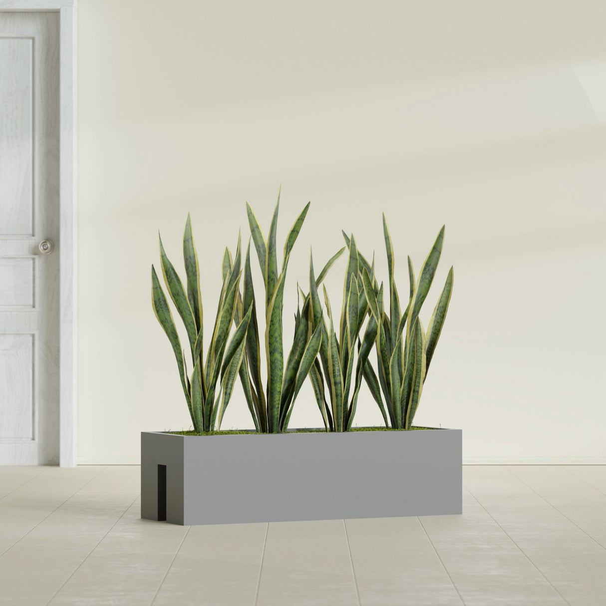 Tiergarden Railing fiberglass planter in Matte Gunmetal, shown planted, in a sunlit interior