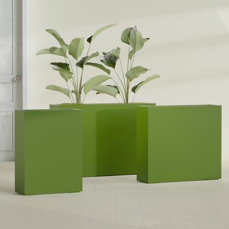Amesbury Narrow Rectangular fiberglass planter in Satin Green, size range, in a sunlit interior