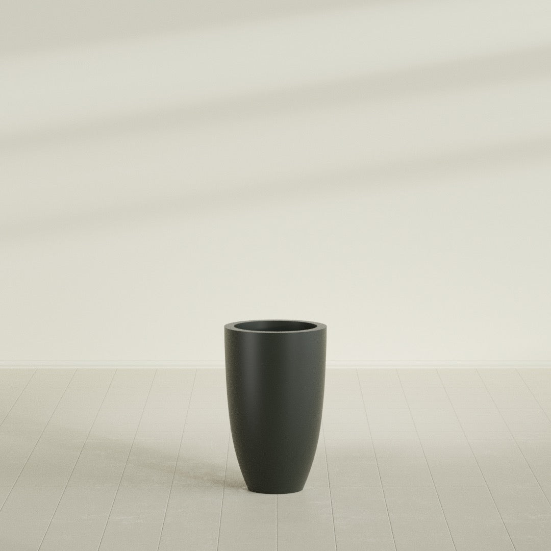 Brannan Tapered Round Planter in Matte Charcoal, 18"D × 29"H, shown empty