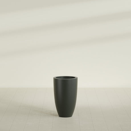 Brannan Tapered Round Planter in Matte Charcoal, 18"D × 29"H, shown empty