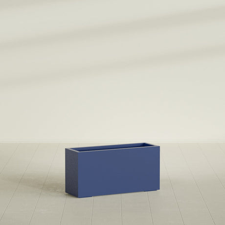 Hollywood Narrow Rectangular Planter in Matte Cobalt Blue, 36"L × 12"D × 24"H, shown empty