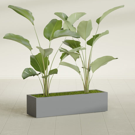Cuba Corner fiberglass planter in Matte Gunmetal, shown planted, in a sunlit interior