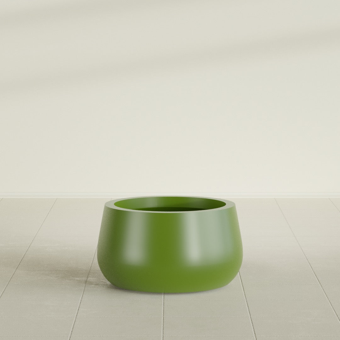 Short Hayden Bowl Planter in Satin Green, 16"D × 8"H, shown empty