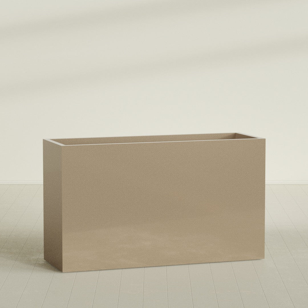 Darwin Rectangular Planter in Gloss Metallic Gold, 72"L × 24"D × 42"H, shown empty
