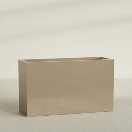 Darwin Rectangular Planter in Gloss Metallic Gold, 72"L × 24"D × 42"H, shown empty
