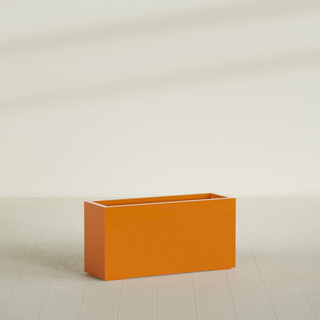 Miami Narrow Rectangular Planter in Gloss Tangerine, 36"L × 12"D × 18"H, shown empty