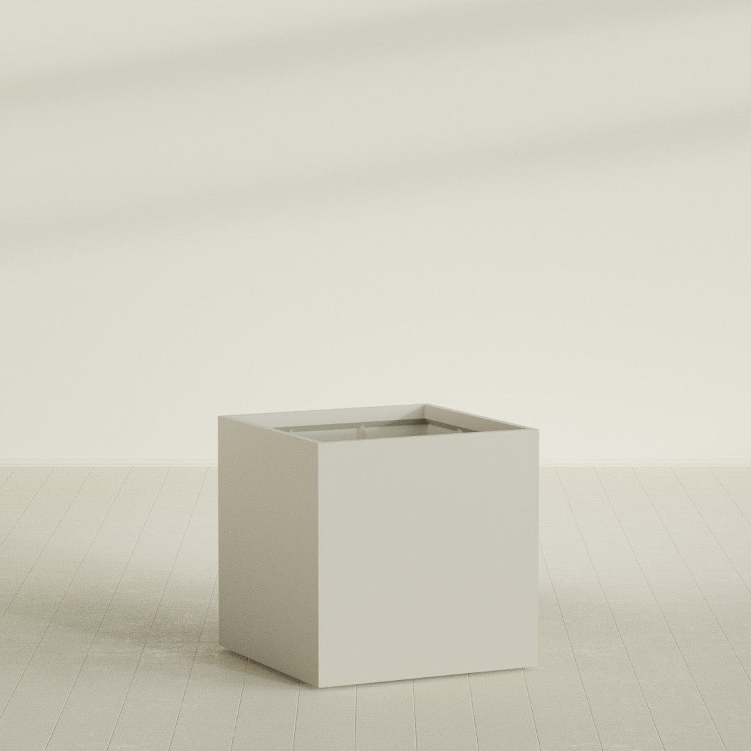 Montroy Cube Planter in Satin Beige, 40", shown empty