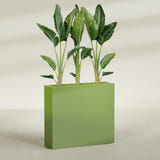 Amesbury Narrow Rectangular fiberglass planter in Satin Green, shown planted, in a sunlit interior