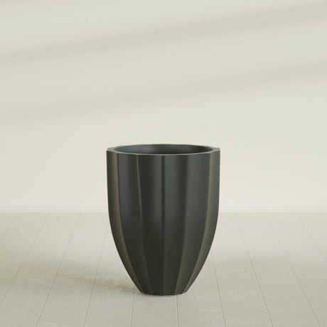 Alicante Fluted Planter in Matte Charcoal, 26"D × 32"H, shown empty