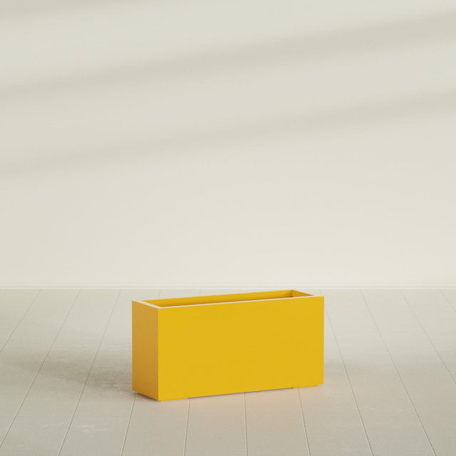 Hollywood Narrow Rectangular Planter in Gloss Saffron, 36"L × 12"D × 24"H, shown empty