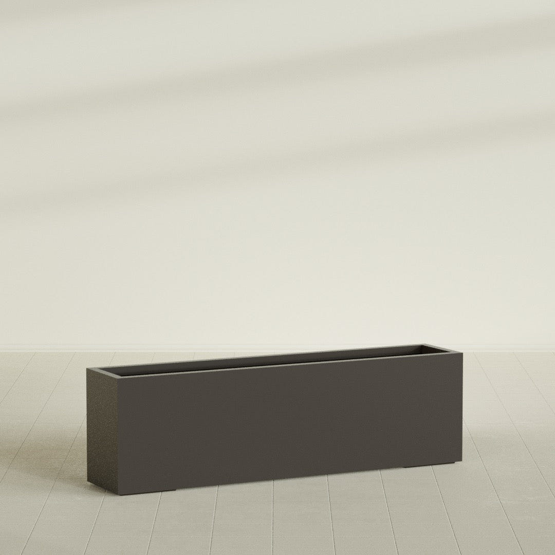 Miami Narrow Rectangular Planter in Matte Dark Brown, 60"L × 12"D × 18"H, shown empty