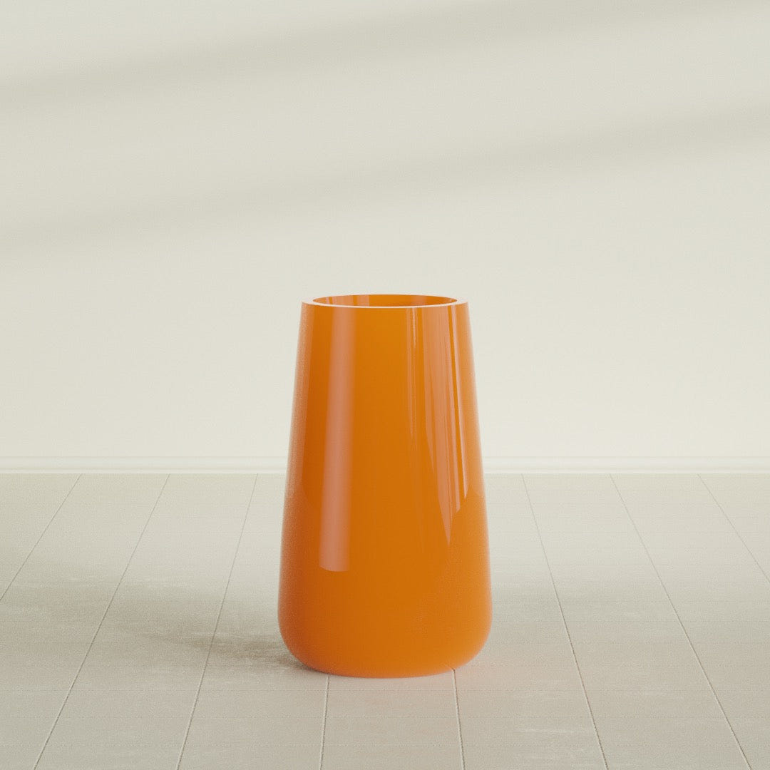 Saigon Tapered Round Planter in Gloss Tangerine, 19"D × 42"H, shown empty