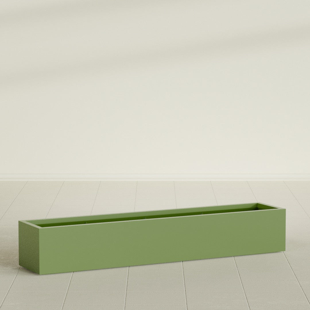 Cuba Low Rectangular Planter in Satin Green, 72"L × 14"D × 12"H, shown empty