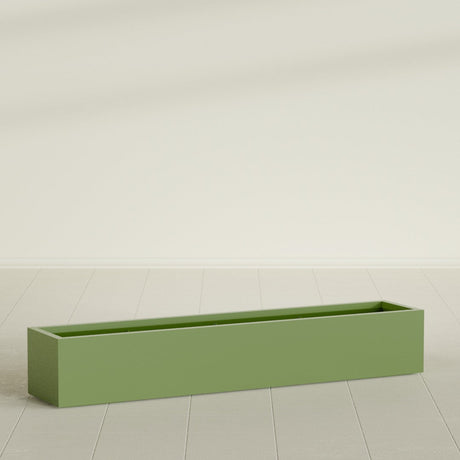 Cuba Low Rectangular Planter in Satin Green, 72"L × 14"D × 12"H, shown empty