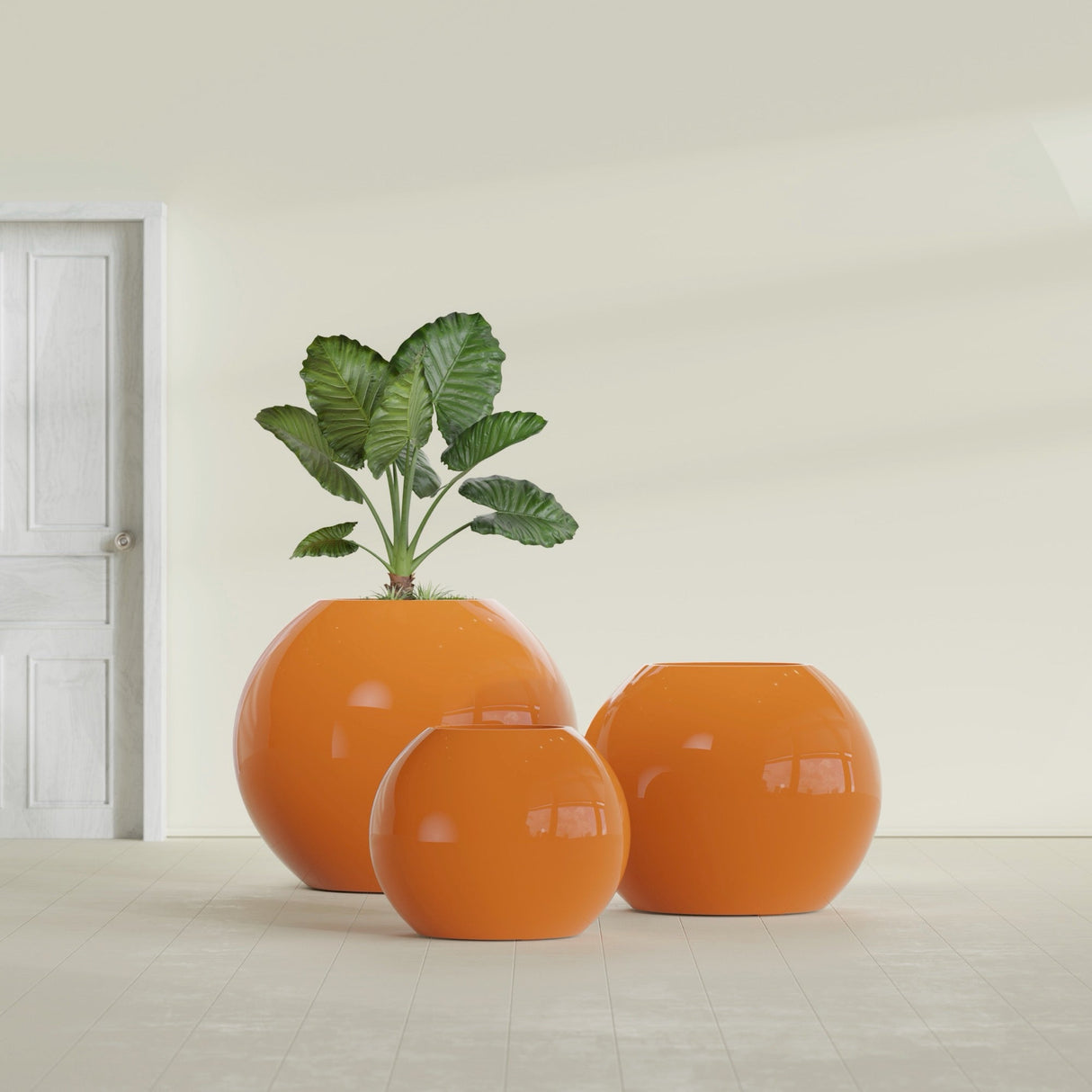 Globe fiberglass planter in Gloss Tangerine, size range, in a sunlit interior