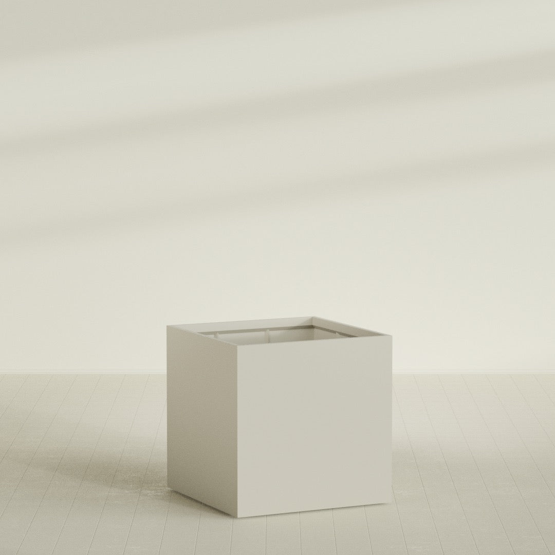 Montroy Cube Planter in Satin Beige, 48", shown empty