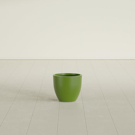 Wannsee Round Planter in Satin Green, 15"D × 13"H, shown empty
