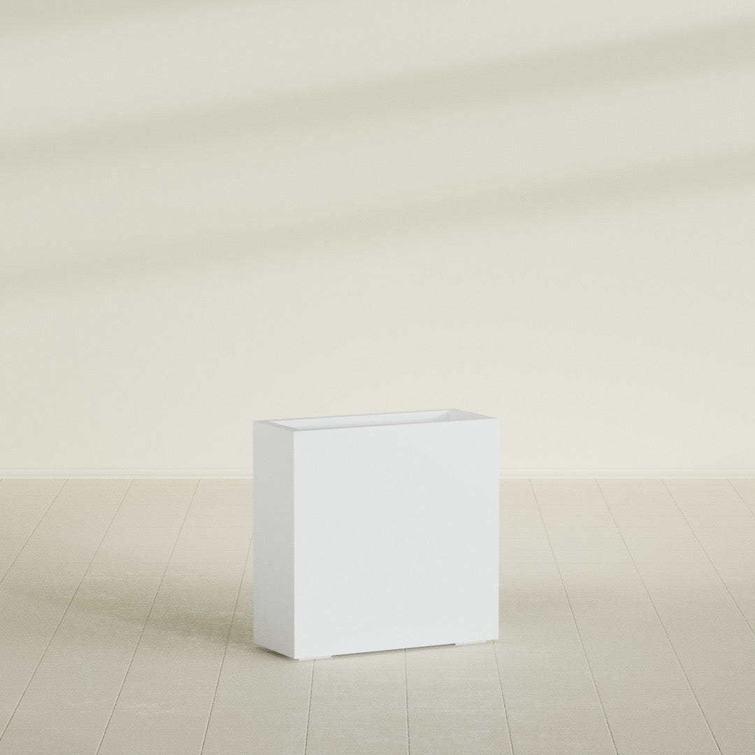 Milano Narrow Rectangular Planter in Gloss Bright White, 24"L × 10"D × 24"H, shown empty