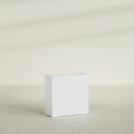 Milano Narrow Rectangular Planter in Gloss Bright White, 24"L × 10"D × 24"H, shown empty