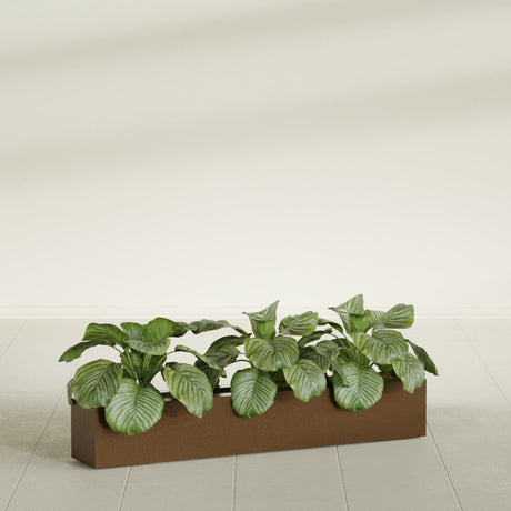 Salon Box fiberglass planter in Metallic Bronze, shown planted, in a sunlit interior