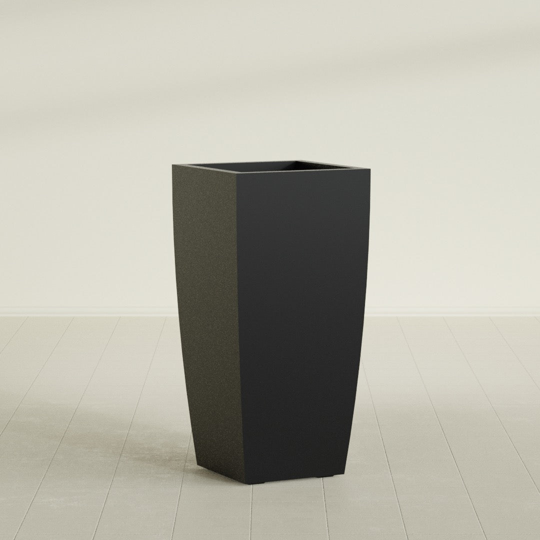 Toulan Tapered Square Planter in Matte Black, 20"W × 42"H, shown empty