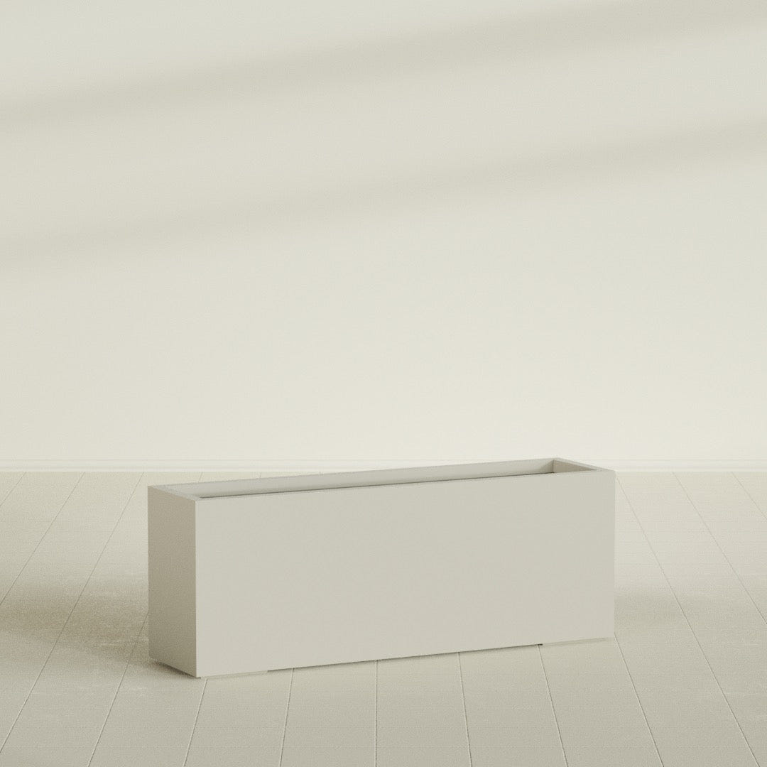 Miami Narrow Rectangular Planter in Satin Beige, 48"L × 12"D × 18"H, shown empty