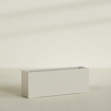 Miami Narrow Rectangular Planter in Satin Beige, 48"L × 12"D × 18"H, shown empty